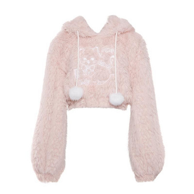 HOUZHOU Kawaii Ears Pink Hoodie Jesen Zima Japanski modni slatki mačji vez Patchwork dugih rukava Plišani skraćeni Hoodie