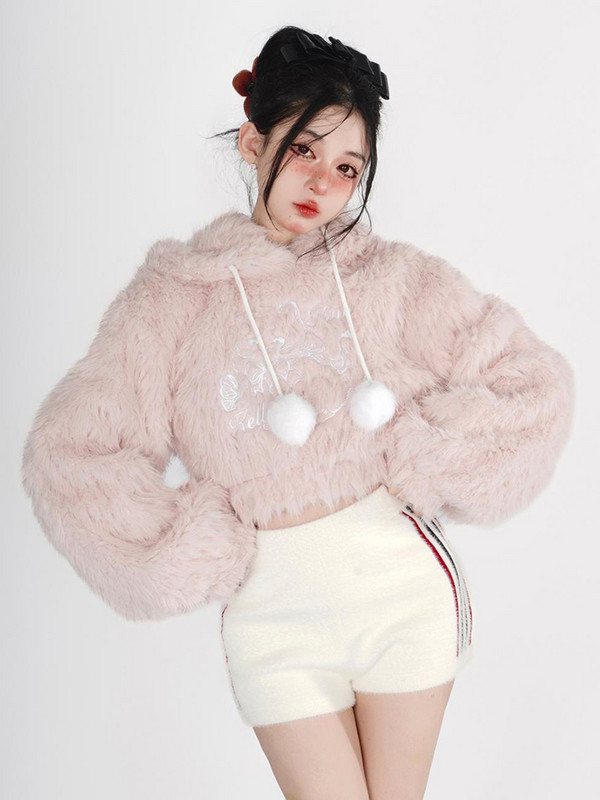 HOUZHOU Kawaii Ears Pink Hoodie Jesen Zima Japanski modni slatki mačji vez Patchwork dugih rukava Plišani skraćeni Hoodie