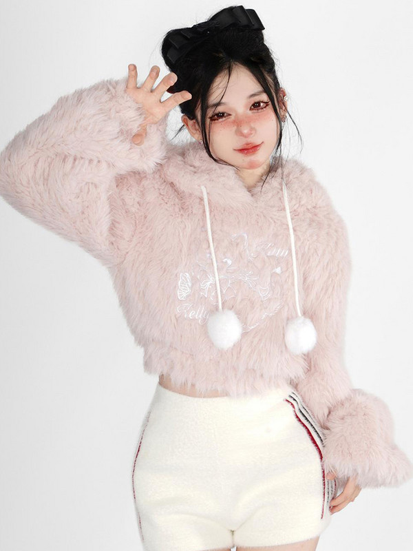 HOUZHOU Kawaii Ears Pink Hoodie Jesen Zima Japanski modni slatki mačji vez Patchwork dugih rukava Plišani skraćeni Hoodie