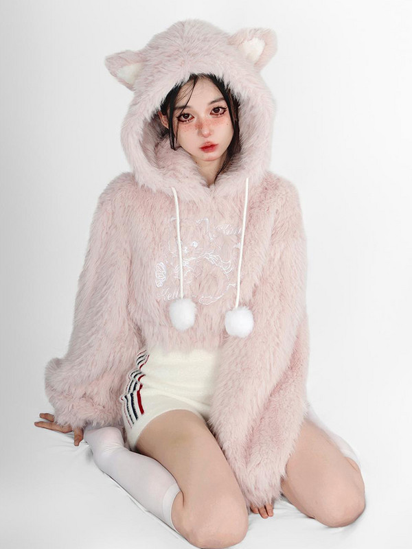 HOUZHOU Kawaii Ears Pink Hoodie Jesen Zima Japanski modni slatki mačji vez Patchwork dugih rukava Plišani skraćeni Hoodie