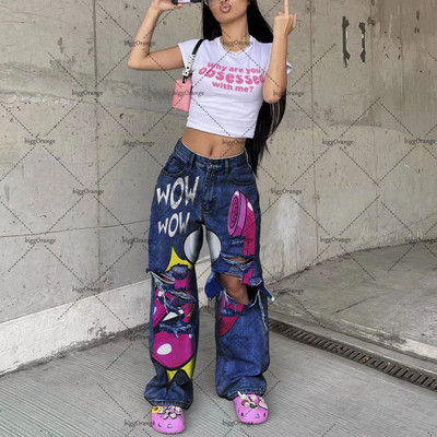 Αμερικάνικο Gothic Ripped Anime Oversized ψηλόμεσο τζιν Γυναικείο Y2K Street Harajuku φερμουάρ Χαλαρό ίσιο φαρδύ παντελόνι Ανδρικό