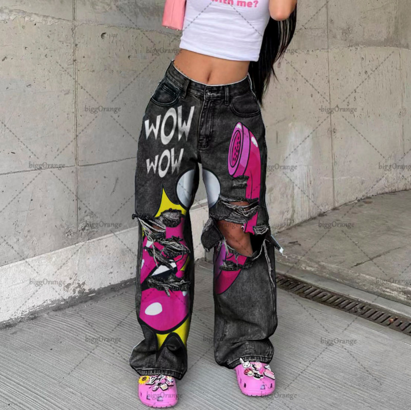 Αμερικάνικο Gothic Ripped Anime Oversized ψηλόμεσο τζιν Γυναικείο Y2K Street Harajuku φερμουάρ Χαλαρό ίσιο φαρδύ παντελόνι Ανδρικό