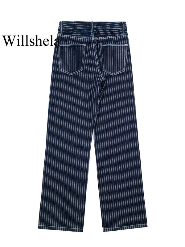 Willshela ženske modne traper tamnoplave prugaste hlače s patentnim zatvaračem Vintage Ženske šik hlače širokih nogavica Traperice