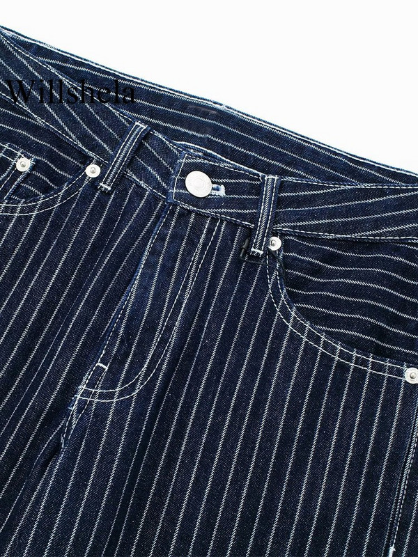 Willshela ženske modne traper tamnoplave prugaste hlače s patentnim zatvaračem Vintage Ženske šik hlače širokih nogavica Traperice