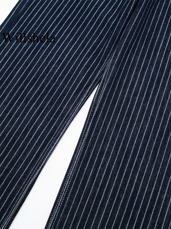 Willshela ženske modne traper tamnoplave prugaste hlače s patentnim zatvaračem Vintage Ženske šik hlače širokih nogavica Traperice