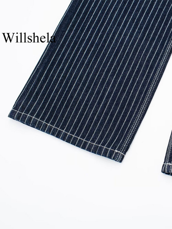 Willshela ženske modne traper tamnoplave prugaste hlače s patentnim zatvaračem Vintage Ženske šik hlače širokih nogavica Traperice