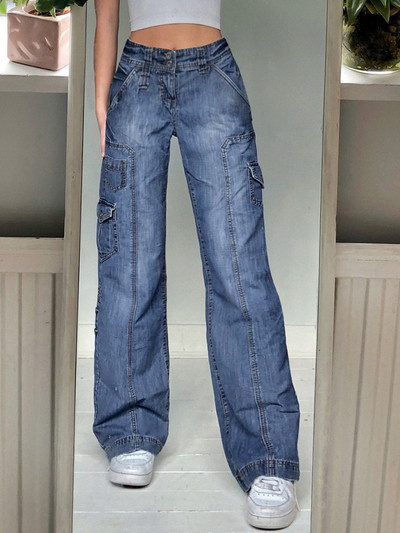 Weekeep Y2k Jeans Streetwear Γυναικεία ψηλόμεση τζιν Φαρδιές τσέπες στο πόδι Συνονθύλευμα φαρδύ παντελόνι Cargo Vintage τζιν Capris Fairycore