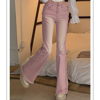 High Street Pink Flared Jeans για Γυναικεία Vintage Μονό στήθος ψηλόμεσο παντελόνι τζιν με τραχιές άκρες Streetwear Slim παντελόνι Y2k