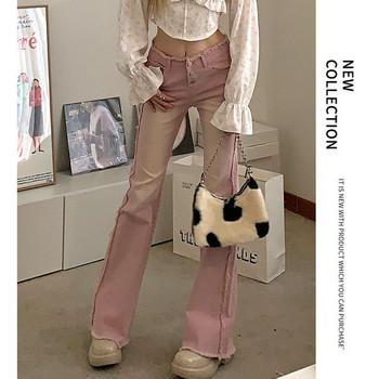 High Street Pink Flared Jeans για Γυναικεία Vintage Μονό στήθος ψηλόμεσο παντελόνι τζιν με τραχιές άκρες Streetwear Slim παντελόνι Y2k