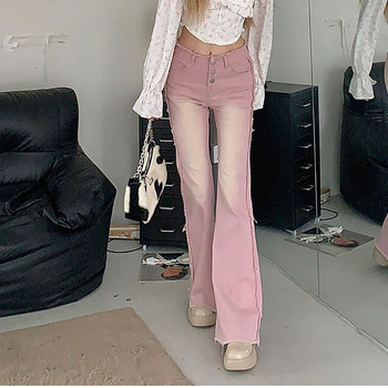 High Street Pink Flared Jeans για Γυναικεία Vintage Μονό στήθος ψηλόμεσο παντελόνι τζιν με τραχιές άκρες Streetwear Slim παντελόνι Y2k