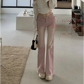 High Street Pink Flared Jeans για Γυναικεία Vintage Μονό στήθος ψηλόμεσο παντελόνι τζιν με τραχιές άκρες Streetwear Slim παντελόνι Y2k