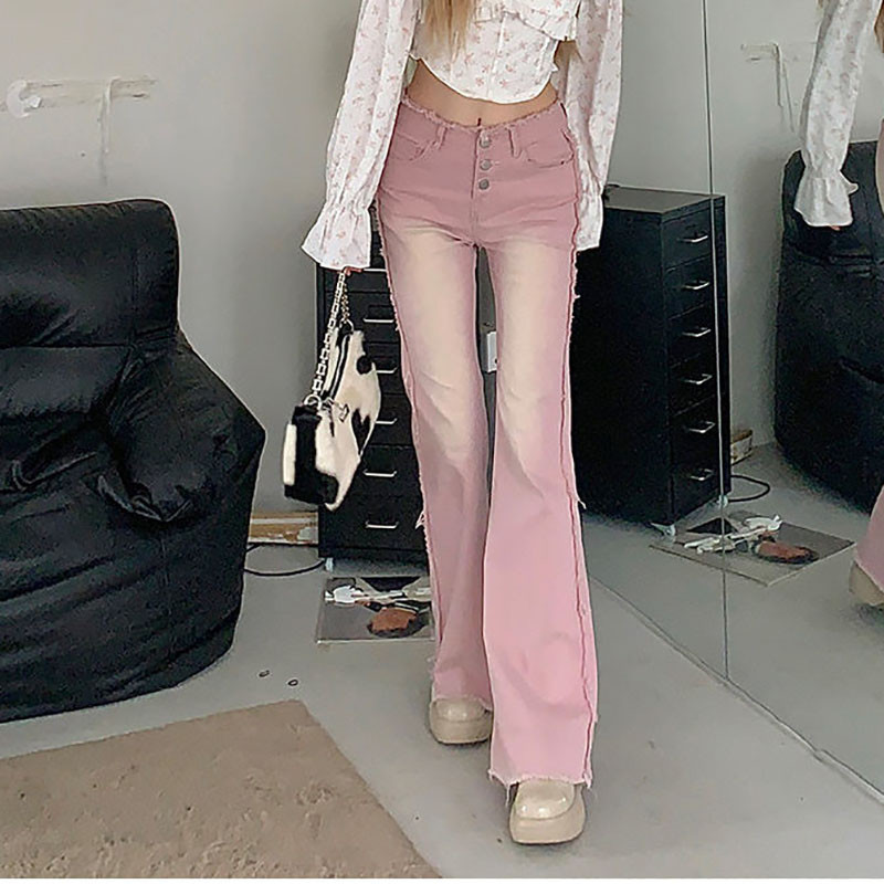 High Street roosad laienevad teksad naistele Vintage üherealised kõrge vöökohaga Karedate servadega teksapüksid Tänavarõivad õhukesed püksid Y2k