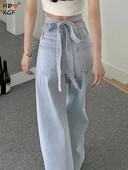 Proljeće ljeto Mašna s uzicom Seksi traperice Modne ženske hlače s dugmadima visokog struka Široke nogavice Korejski dizajner široke hlače Ulična odjeća