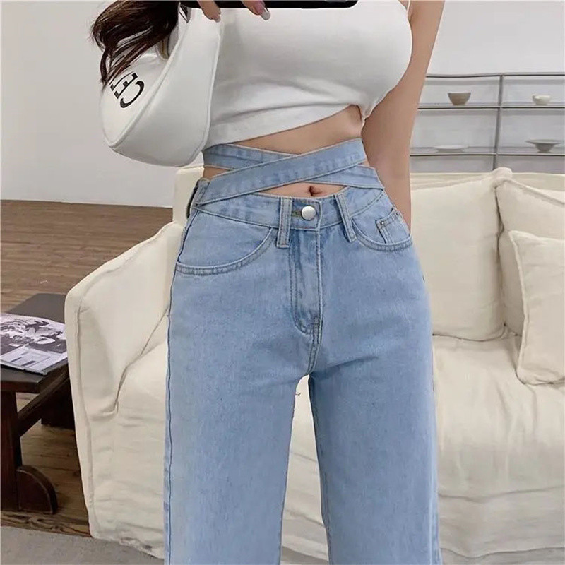 Proljeće ljeto Mašna s uzicom Seksi traperice Modne ženske hlače s dugmadima visokog struka Široke nogavice Korejski dizajner široke hlače Ulična odjeća