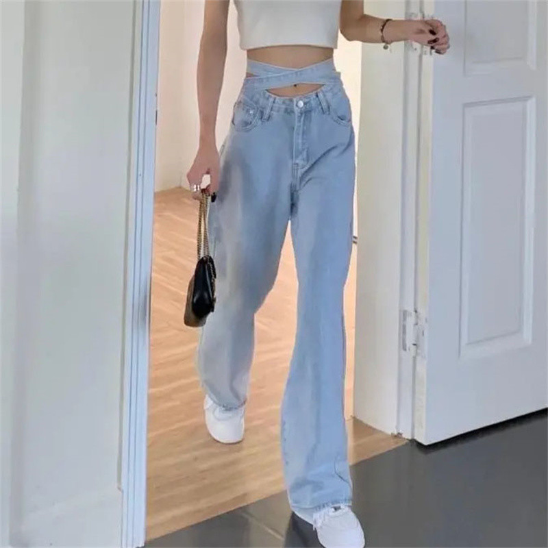 Proljeće ljeto Mašna s uzicom Seksi traperice Modne ženske hlače s dugmadima visokog struka Široke nogavice Korejski dizajner široke hlače Ulična odjeća