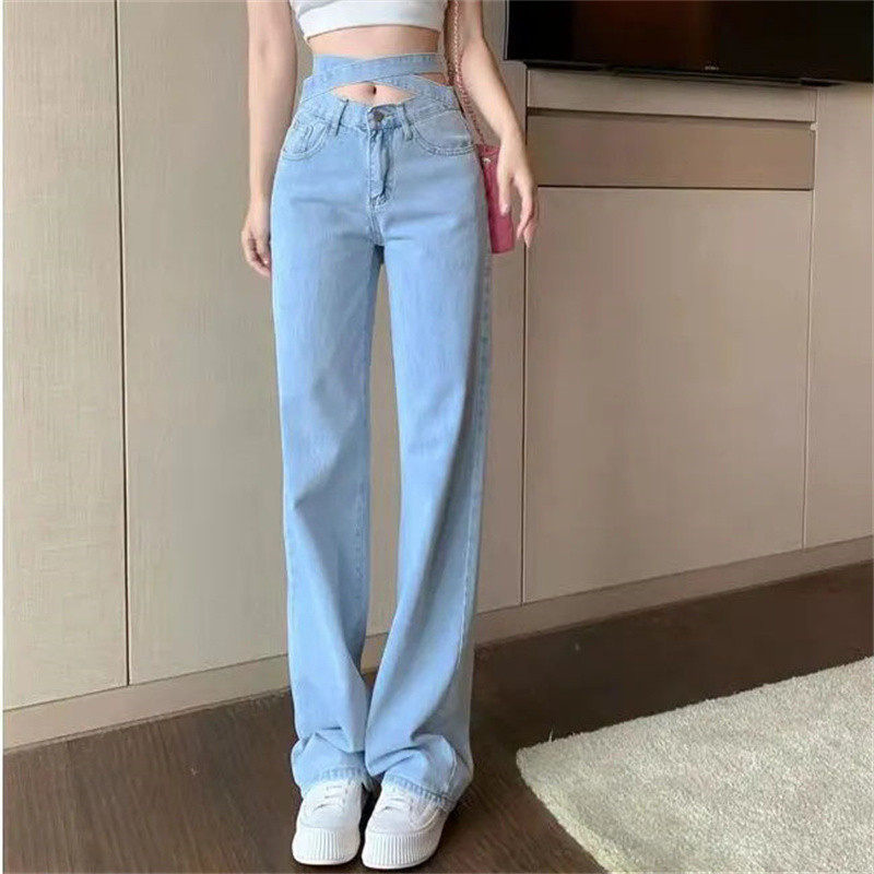 Proljeće ljeto Mašna s uzicom Seksi traperice Modne ženske hlače s dugmadima visokog struka Široke nogavice Korejski dizajner široke hlače Ulična odjeća