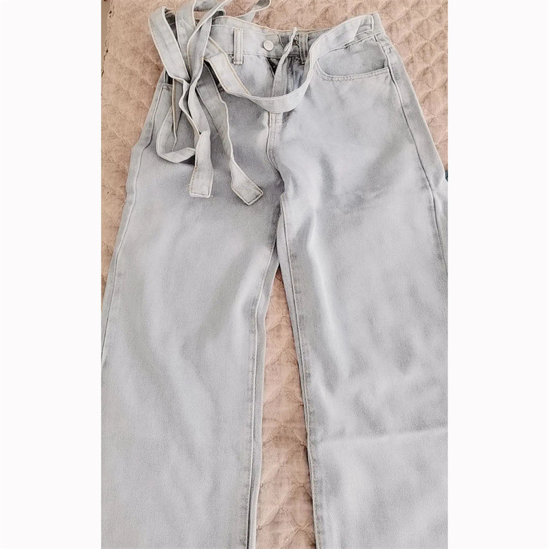 Proljeće ljeto Mašna s uzicom Seksi traperice Modne ženske hlače s dugmadima visokog struka Široke nogavice Korejski dizajner široke hlače Ulična odjeća