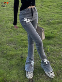 Άνοιξη Φθινόπωρο Sticky Flower Grey Pencil Τζιν Γυναικεία Vintage Ψηλόμεση Κουμπί Ελαστικό ίσιο Παντελόνι Κομψό λεπτό παντελόνι Y2k