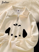 Jielur Apricot χαριτωμένο φερμουάρ Polo λαιμόκοψη Chicly εκτύπωση Γυναικείες κουκούλες Winter Pure Color Fashion Απλές casual χαλαρές γυναικείες κουκούλες