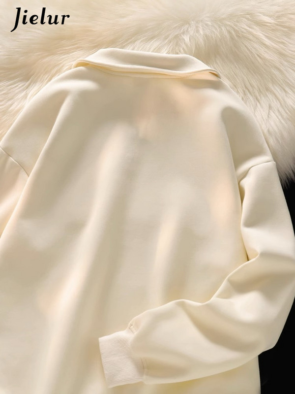 Jielur Apricot χαριτωμένο φερμουάρ Polo λαιμόκοψη Chicly εκτύπωση Γυναικείες κουκούλες Winter Pure Color Fashion Απλές casual χαλαρές γυναικείες κουκούλες