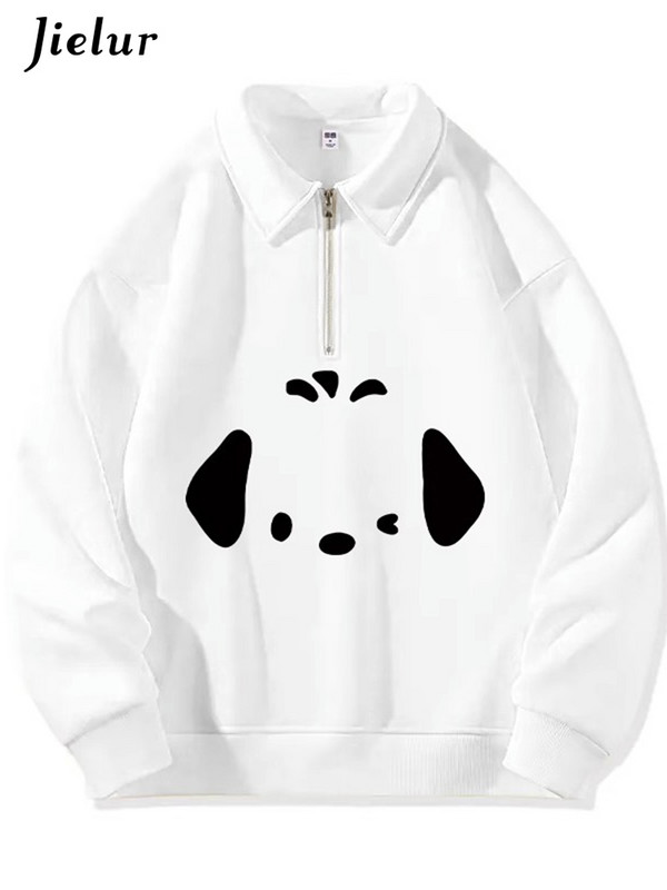 Jielur Apricot χαριτωμένο φερμουάρ Polo λαιμόκοψη Chicly εκτύπωση Γυναικείες κουκούλες Winter Pure Color Fashion Απλές casual χαλαρές γυναικείες κουκούλες