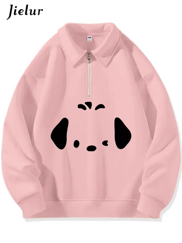 Jielur Apricot χαριτωμένο φερμουάρ Polo λαιμόκοψη Chicly εκτύπωση Γυναικείες κουκούλες Winter Pure Color Fashion Απλές casual χαλαρές γυναικείες κουκούλες