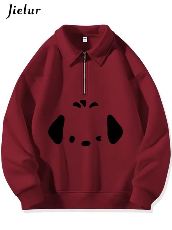 Jielur Apricot χαριτωμένο φερμουάρ Polo λαιμόκοψη Chicly εκτύπωση Γυναικείες κουκούλες Winter Pure Color Fashion Απλές casual χαλαρές γυναικείες κουκούλες