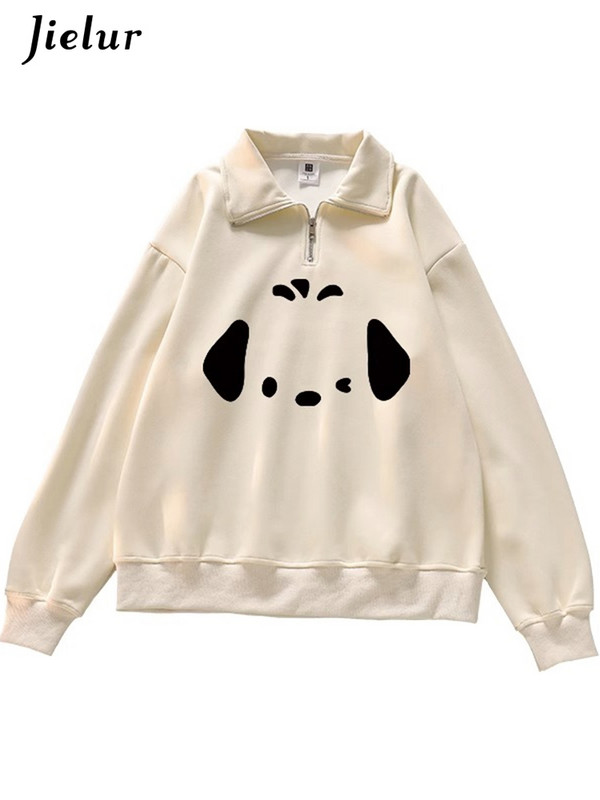 Jielur Apricot χαριτωμένο φερμουάρ Polo λαιμόκοψη Chicly εκτύπωση Γυναικείες κουκούλες Winter Pure Color Fashion Απλές casual χαλαρές γυναικείες κουκούλες