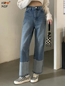 Μόδα συνονθύλευμα φαρδύ τζιν Vintage με κουμπιά ψηλόμεσο φαρδύ παντελόνι στο πόδι Κορεάτικες σχεδιαστές γυναικείο casual τζιν παντελόνι Streetwear Νέο