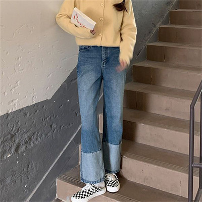 Μόδα συνονθύλευμα φαρδύ τζιν Vintage με κουμπιά ψηλόμεσο φαρδύ παντελόνι στο πόδι Κορεάτικες σχεδιαστές γυναικείο casual τζιν παντελόνι Streetwear Νέο