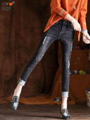 Ανοιξιάτικο φθινόπωρο με σπασμένη τρύπα με μολύβι τζιν κορεατικής μόδας ψηλόμεσο στενό παντελόνι Streetwear Γυναικεία Stretch τζιν σε συν μέγεθος