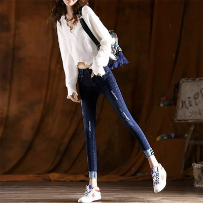Ανοιξιάτικο φθινόπωρο με σπασμένη τρύπα με μολύβι τζιν κορεατικής μόδας ψηλόμεσο στενό παντελόνι Streetwear Γυναικεία Stretch τζιν σε συν μέγεθος