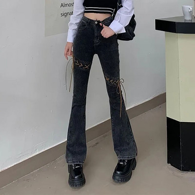 Korejske modne lepršave traperice s uzicom velike veličine za žene Vintage traper hlače s dugmadima visokog struka Y2k Streetwear Elegantne hlače