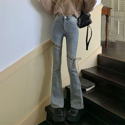 Korejske modne lepršave traperice s uzicom velike veličine za žene Vintage traper hlače s dugmadima visokog struka Y2k Streetwear Elegantne hlače