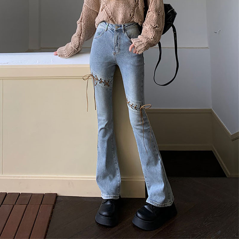 Korejske modne lepršave traperice s uzicom velike veličine za žene Vintage traper hlače s dugmadima visokog struka Y2k Streetwear Elegantne hlače