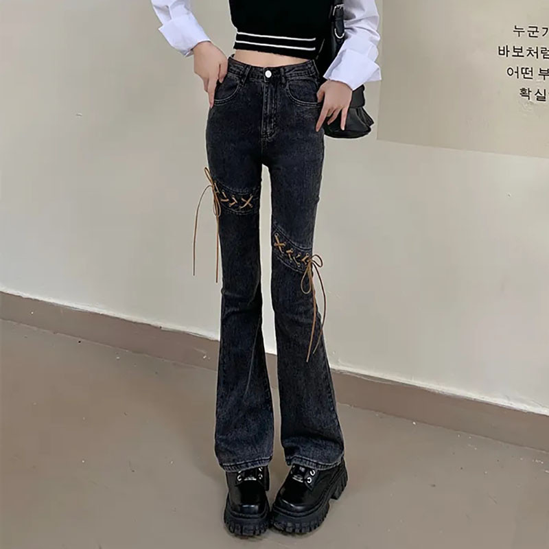 Korejske modne lepršave traperice s uzicom velike veličine za žene Vintage traper hlače s dugmadima visokog struka Y2k Streetwear Elegantne hlače