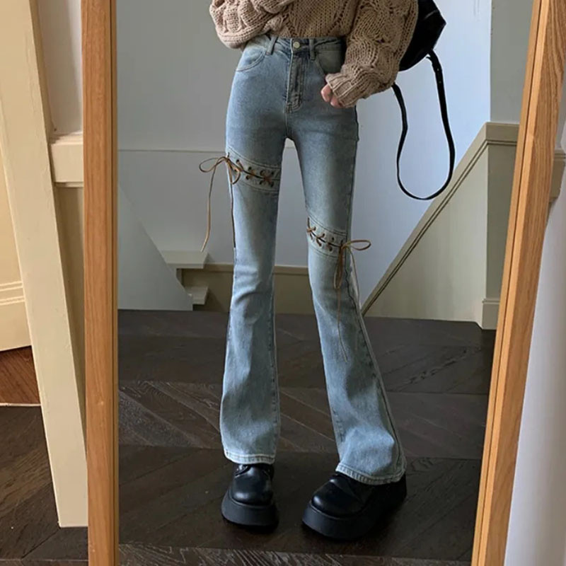 Korejske modne lepršave traperice s uzicom velike veličine za žene Vintage traper hlače s dugmadima visokog struka Y2k Streetwear Elegantne hlače