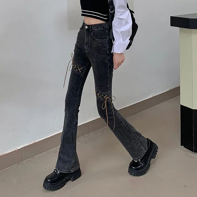 Korejske modne lepršave traperice s uzicom velike veličine za žene Vintage traper hlače s dugmadima visokog struka Y2k Streetwear Elegantne hlače