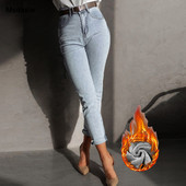 Ζεστό τζιν Γυναικείο Χειμερινό βαμβακερό ψηλόμεσο ελαστικό ελαστικό μολύβι παντελόνι φλις στενό Vintage casual γυναικείο τζιν