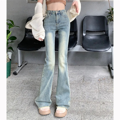 Vintage τραχύ ντεγκραντέ τζιν για γυναίκες Φθινοπωρινό Χειμώνα με κουμπιά με ψηλή μέση ελαστικό ίσιο παντελόνι Casual σέξι παντελόνι