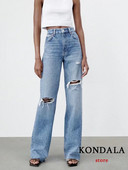 KONDALA 2023 Women Casual Ripped Holes Τζιν Τζιν Μόδα με ψηλόμεσο κουμπί Streetwear Μακρύ παντελόνι Γυναικείο Vintage παντελόνι