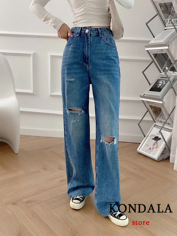 KONDALA 2023 Women Casual Ripped Holes Τζιν Τζιν Μόδα με ψηλόμεσο κουμπί Streetwear Μακρύ παντελόνι Γυναικείο Vintage παντελόνι