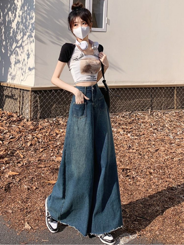 Χαλαρά βαμβακερά παντελόνια με φαρδύ πόδι γυναικεία κουλότ άνοιξη 2023 με ακατέργαστες άκρες σε όλο το μήκος Vintage ψηλόμεσο casual ευέλικτο τζιν τζιν