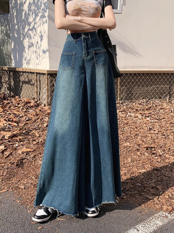 Χαλαρά βαμβακερά παντελόνια με φαρδύ πόδι γυναικεία κουλότ άνοιξη 2023 με ακατέργαστες άκρες σε όλο το μήκος Vintage ψηλόμεσο casual ευέλικτο τζιν τζιν