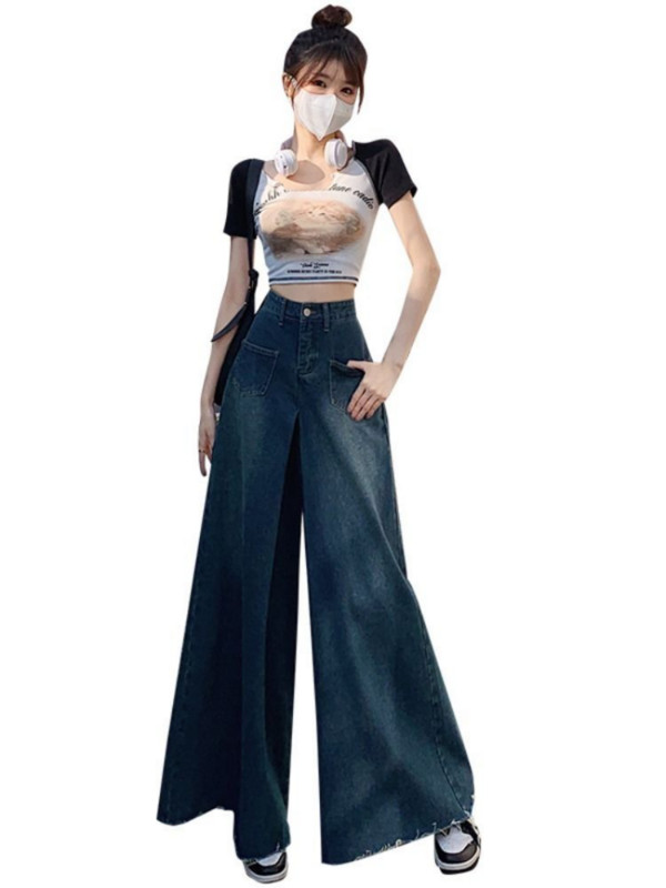 Χαλαρά βαμβακερά παντελόνια με φαρδύ πόδι γυναικεία κουλότ άνοιξη 2023 με ακατέργαστες άκρες σε όλο το μήκος Vintage ψηλόμεσο casual ευέλικτο τζιν τζιν