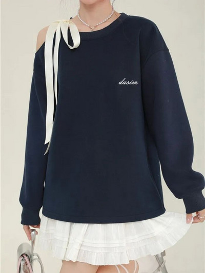 Deeptowm Kawaii Cute Off Shoulder Μπλε Φούτερ Γυναικείες Ιαπωνικού στυλ Δαντέλα με μακρυμάνικο πουλόβερ Γλυκές, φαρδιά μπλούζες