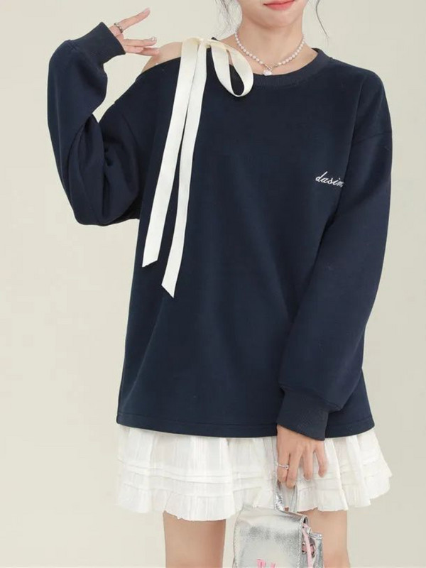 Deeptowm Kawaii Cute Off Shoulder Μπλε Φούτερ Γυναικείες Ιαπωνικού στυλ Δαντέλα με μακρυμάνικο πουλόβερ Γλυκές, φαρδιά μπλούζες