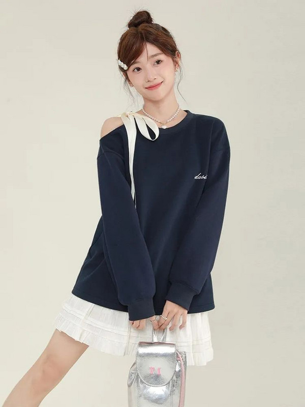 Deeptowm Kawaii Cute Off Shoulder Μπλε Φούτερ Γυναικείες Ιαπωνικού στυλ Δαντέλα με μακρυμάνικο πουλόβερ Γλυκές, φαρδιά μπλούζες