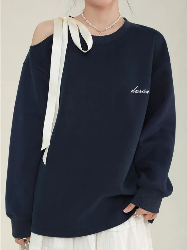 Deeptowm Kawaii Cute Off Shoulder Μπλε Φούτερ Γυναικείες Ιαπωνικού στυλ Δαντέλα με μακρυμάνικο πουλόβερ Γλυκές, φαρδιά μπλούζες