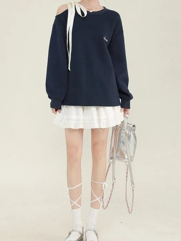 Deeptowm Kawaii Cute Off Shoulder Μπλε Φούτερ Γυναικείες Ιαπωνικού στυλ Δαντέλα με μακρυμάνικο πουλόβερ Γλυκές, φαρδιά μπλούζες